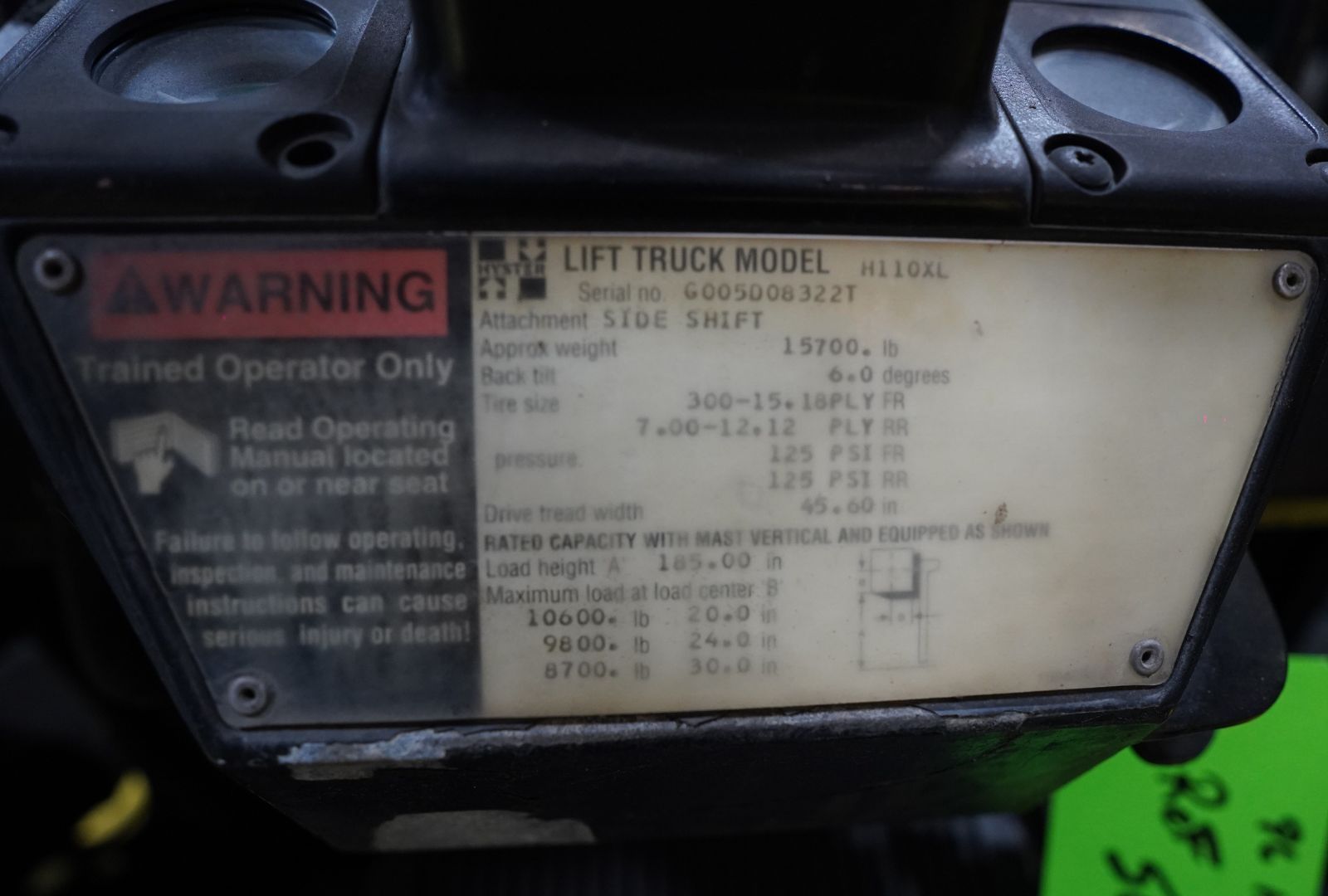 1996 Hyster Forklift – H110XL – 11,000 lbs LPG | #5062